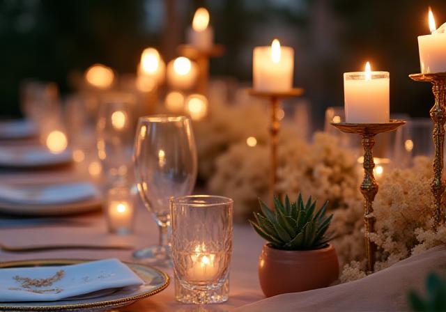 Decorazioni eleganti in stile arabo moderno con candele e dettagli in oro